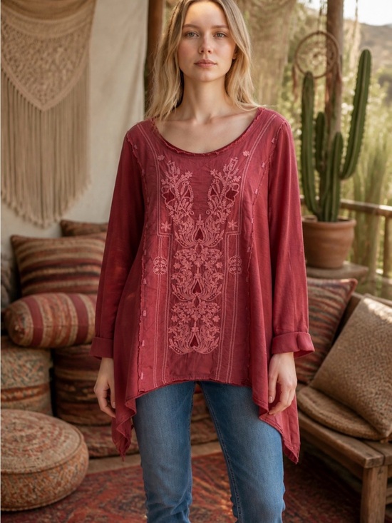 Soft Surroundings Tops - Soft Surroundings Red Embroidered Long-Sleeve Tunic Top Women’s Size XL Boho